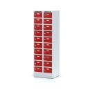 Šatní skříňka na soklu s úložnými boxy, 20 boxů, červené dveře, cylindrický zámek
