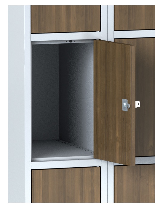 Šatní skříňka na soklu s úložnými boxy, 4 boxy 300 mm, laminované dveře třešeň, otočný zámek