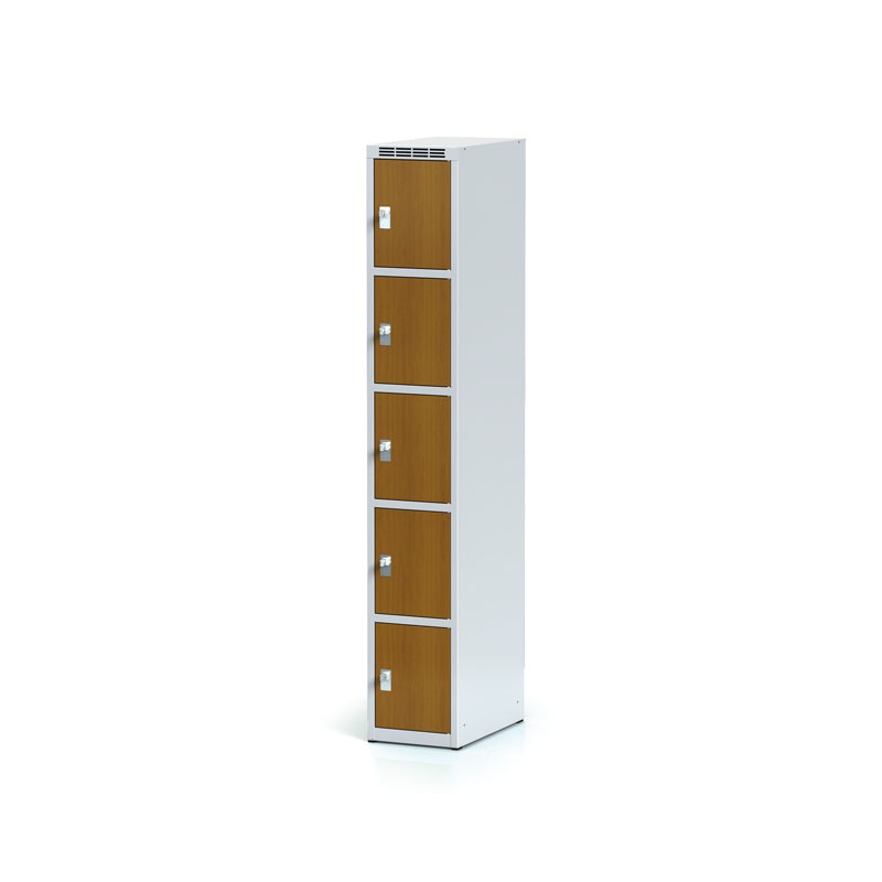 Šatní skříňka s úložnými boxy, 5 boxů 300 mm, laminované dveře třešeň, cylindrický zámek