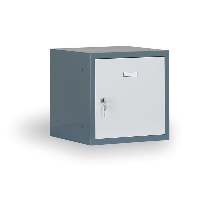 Šatníková skriňa s uzamykateľným boxom 400x400x400 mm, tmavosivý korpus, sivé dvere, cylindrický zámok
