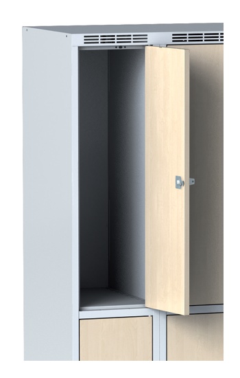 Šatníková skrinka na sokli s úložnými boxami, 6 boxov 300 mm, laminované dvere buk, otočný zámok