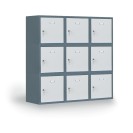 Šatníková skrinka s uzamykateľným boxom 300x300x300 mm, tmavo sivá, modré dvere, cylindrický zámok