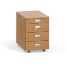Schreibtischcontainer, Rollcontainer PRIMO, ohne Schloss, 4 Schubladen, Utensilienauszug, Buche