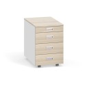 Schreibtischcontainer, Rollcontainer PRIMO, ohne Schloss, 4 Schubladen, Utensilienauszug, weiß / Eiche natur