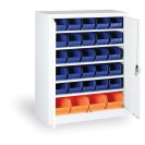Skříň s plastovými boxy BASIC - 1150 x 400 x 920 mm, 30xB/4xC, šedá/modré dveře