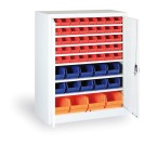 Skříň s plastovými boxy BASIC - 1150 x 400 x 920 mm, 32xA/12xB/4xC, šedá/modré dveře