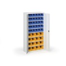 Skříň s plastovými boxy BASIC - 1800 x 400 x 920 mm, 30xB/16xC, šedá/modré dveře