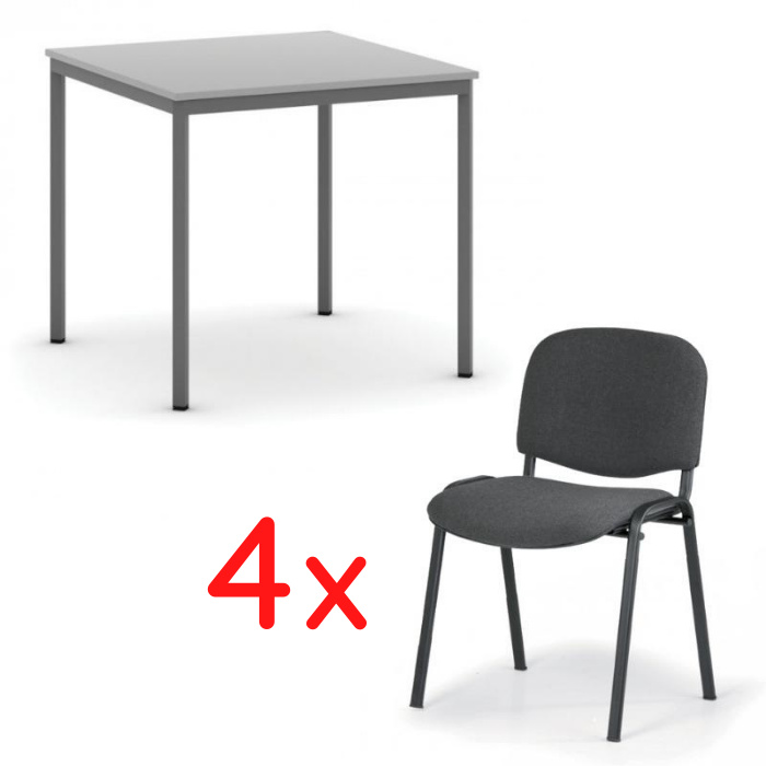 Stôl jedálenský, sivý 800 x 800 + 4 konferenčné stoličky Viva sivé