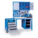 Stół warsztatowy GÜDE Basic MULTI, z mobilnym kontenerkiem na narzędzia, 4 szuflady, 1 szafka, 1190 x 600 x 850 mm, niebieski