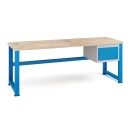 Stół warsztatowy KOVONA, wisząca szafka na narzędzia, blat z drewna bukowego, stałe nogi, 2100 mm