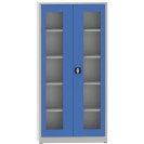 Svařovaná policová skříň s prosklenými dveřmi, 1950 x 950 x 600 mm, šedá/modrá