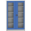 Szafa z półkami spawana ze szklanymi drzwiami, 1950 x 1200 x 600 mm, szara/niebieska
