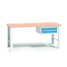 Výškovo nastaviteľný pracovný stôl do dielne WL so závesným boxom na náradie, buková škárovka, 2 zásuvky, 1500 x 685 x 840 - 1050 mm
