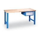 Výškovo nastaviteľný pracovný stôl GÜDE Variant so závesným boxom na náradie, buková škárovka, 1 zásuvka, 1200 x 685 x 850 - 1050 mm, modrá