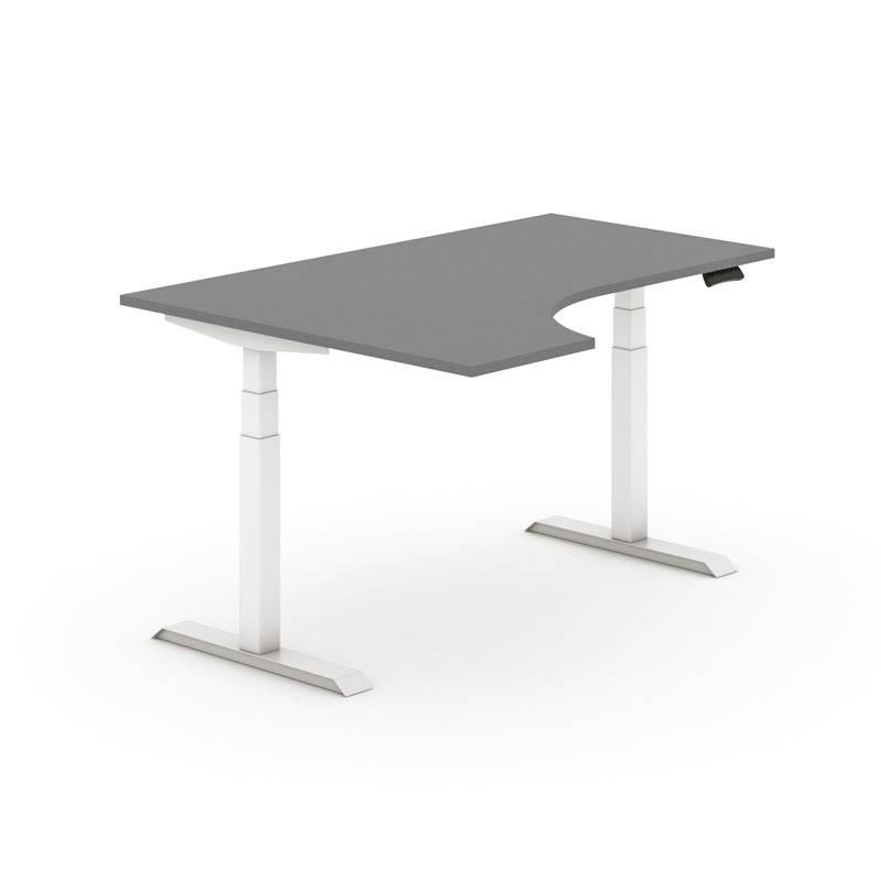 Výškovo nastaviteľný stôl, elektrický, 625-1275 mm, ergonomický ľavý, doska 1600x1200 mm, grafit, biela podnož