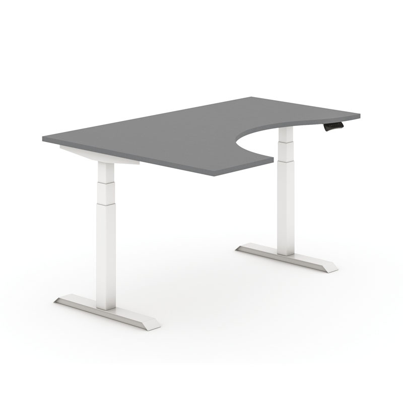 Výškovo nastaviteľný stôl, elektrický, 625-1275 mm, ergonomický ľavý, doska 1600x1200 mm, grafit, biela podnož