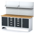 Werkbank MECHANIC mit Aufbau und Regal, 2000x700x880 mm, 2x 5 Schubladencontainer, 2x Schrank, grau/Anthrazit