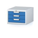 Závěsný dílenský box na nářadí k pracovním stolům MECHANIC, 3 zásuvky, 480 x 600 x 351 mm, modré dveře