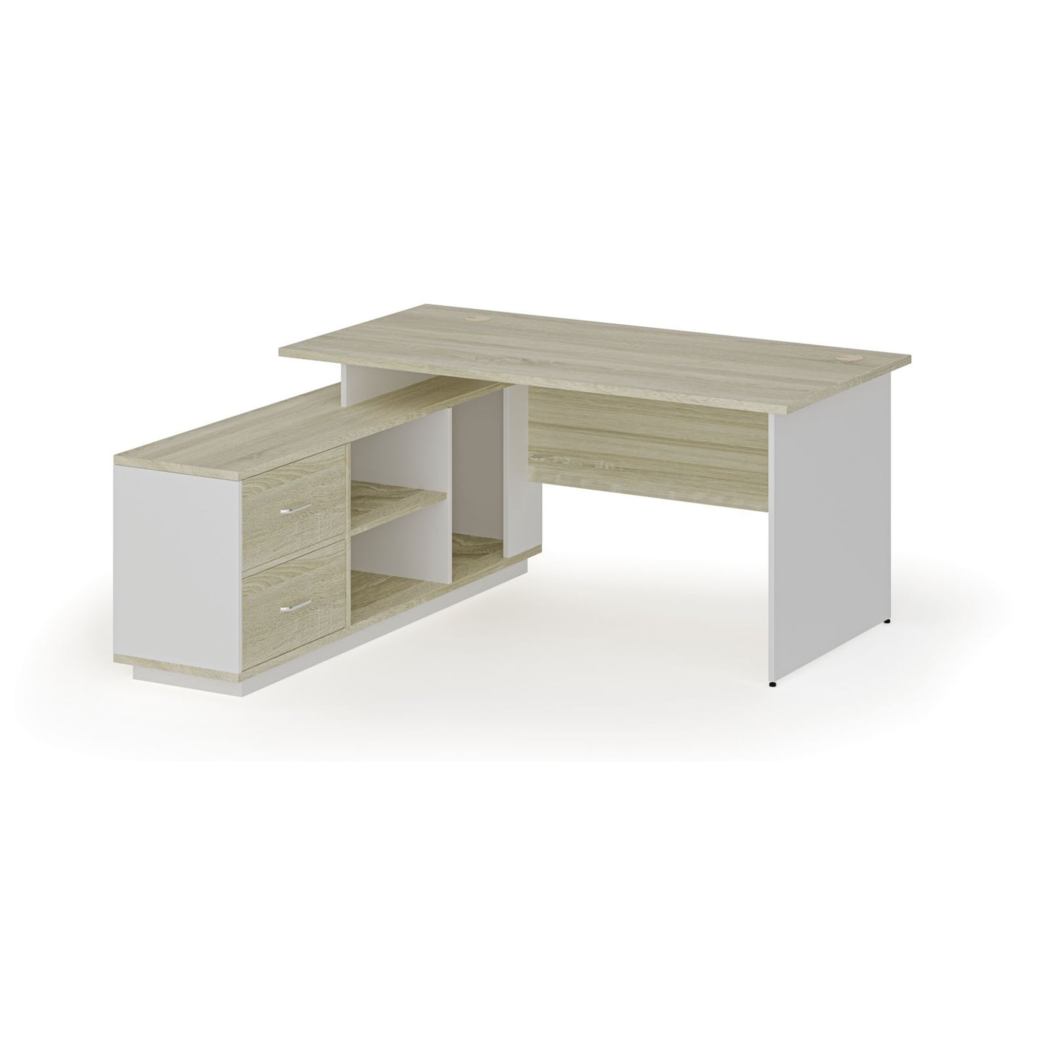 Tisch mit Schrank MIRELLI 1600 x 1600 x 750 mm, links, Weiß/Eiche sonoma