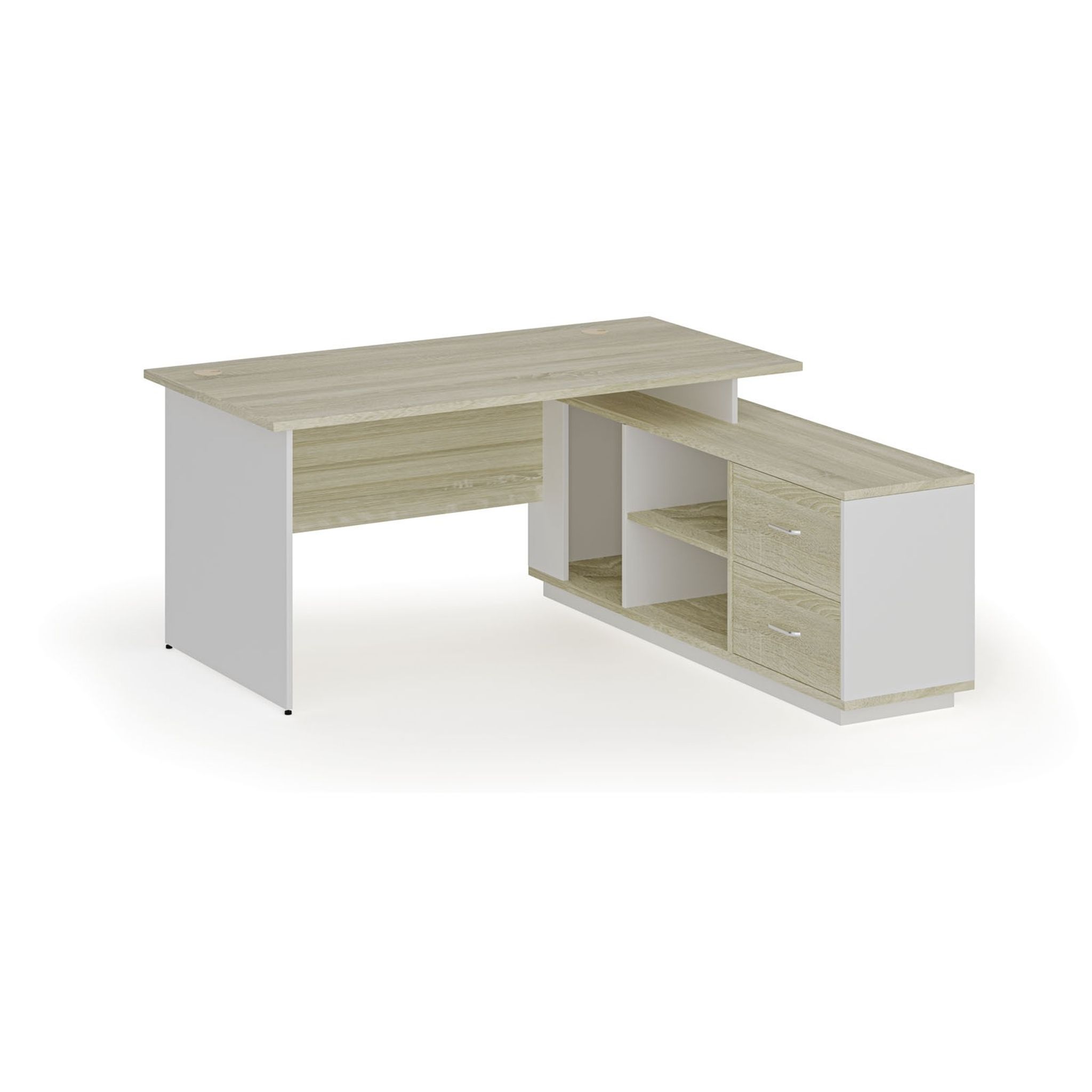 Tisch mit Schrank MIRELLI 1600 x 1600 x 750 mm, rechts, Weiß/Eiche sonoma