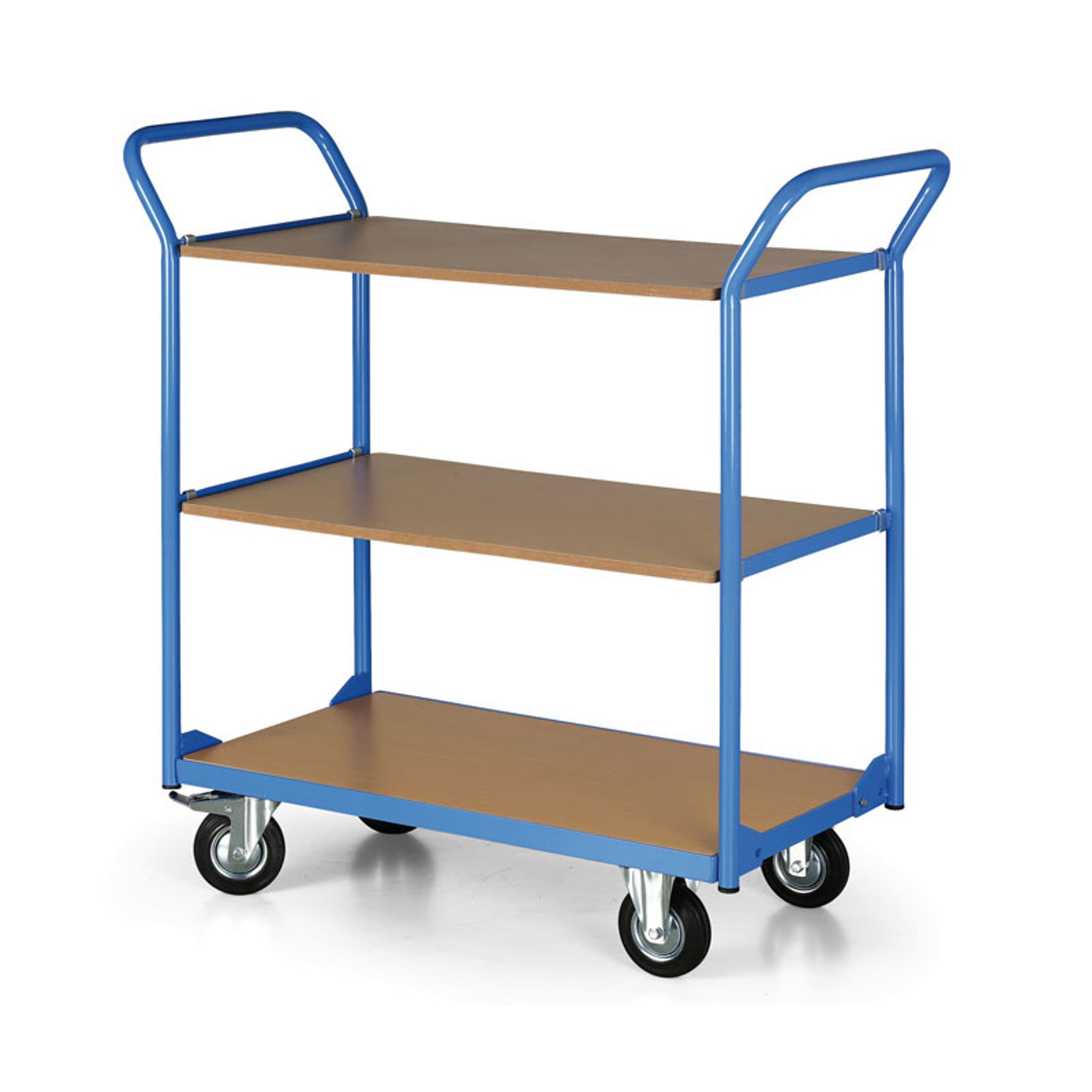 Tischwagen, 3 Etagen, 450 x 700 mm, Rollen 125 mm, schwarzer Gummi