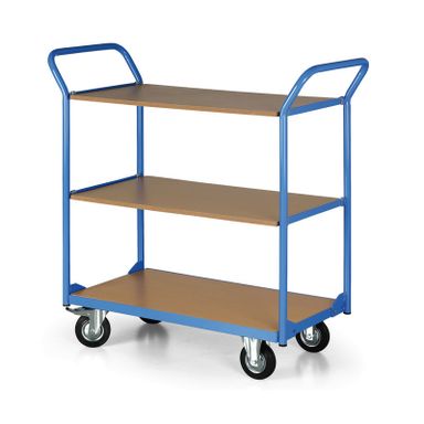 Tischwagen, 3 Etagen, 450 x 700 mm, Rollen 125 mm, schwarzer Gummi