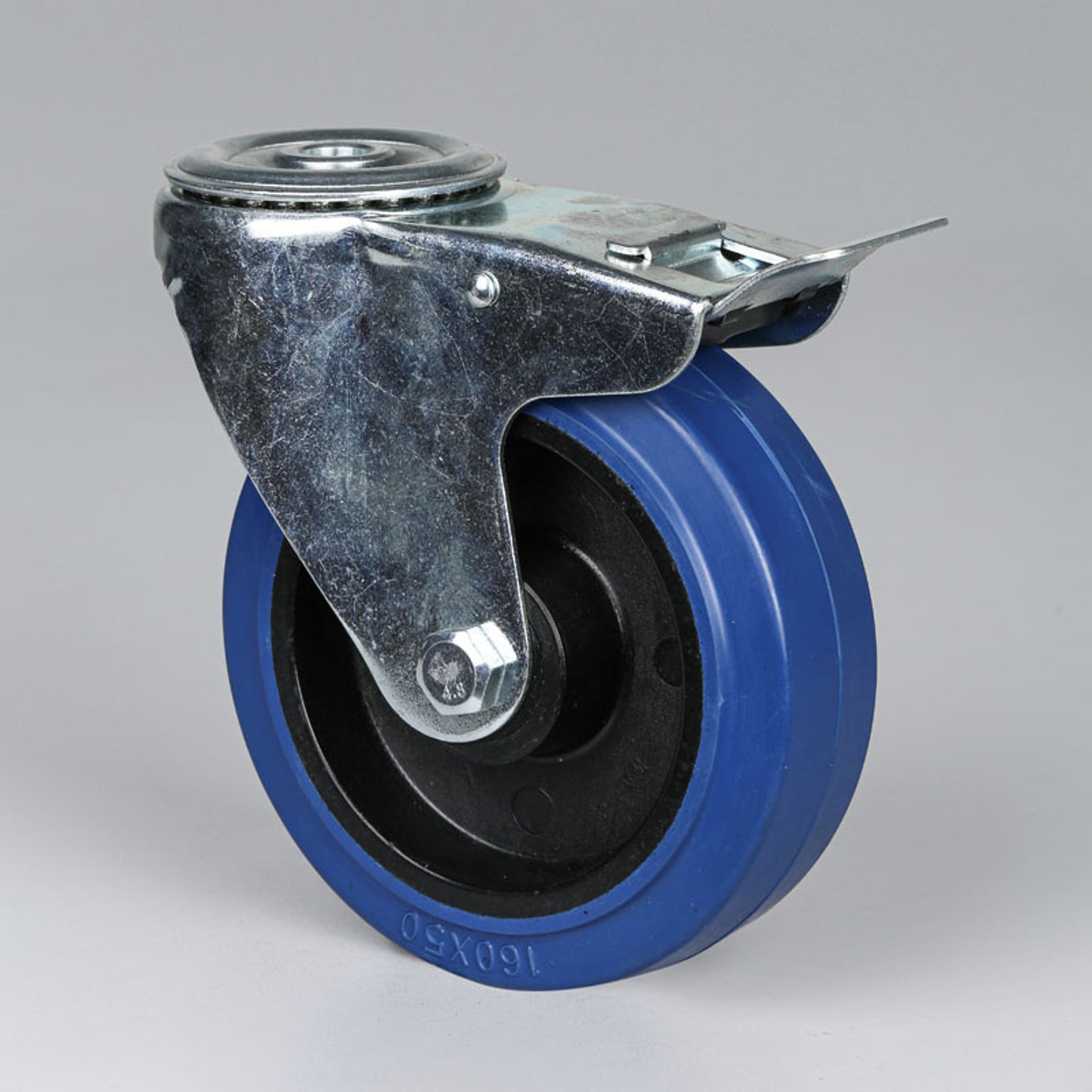 Transportné otočné koleso s brzdou, 160 mm, stredová diera, s modrým behúňom