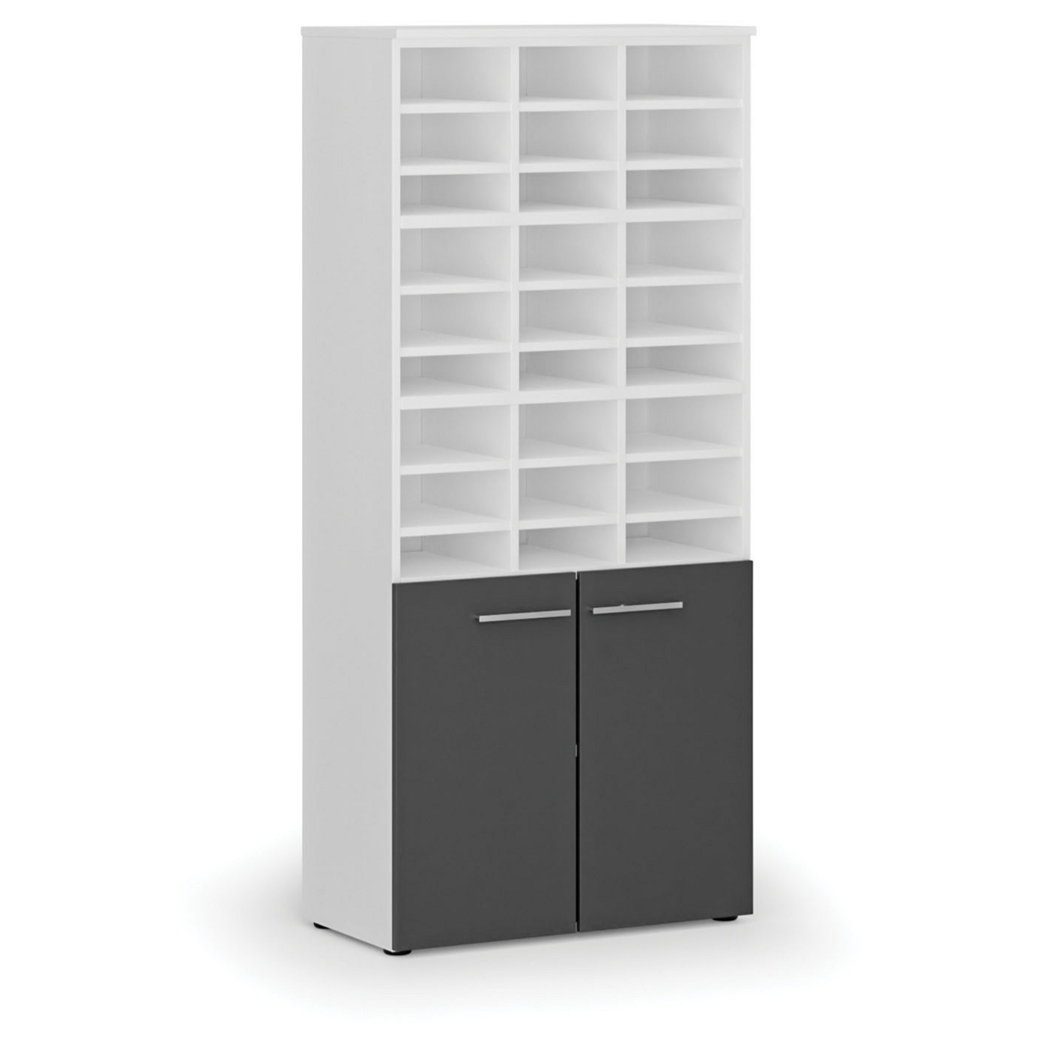 Třídicí regál s dveřmi PRIMO WHITE, 800 x 420 x 1781 mm, 27 přihrádek, bílá / grafitová