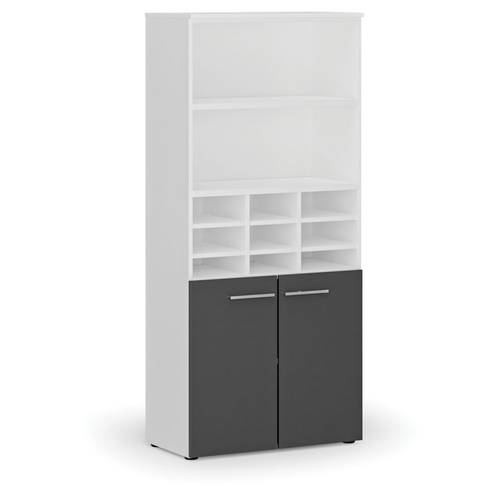 Třídicí regál s dveřmi PRIMO WHITE, 800 x 420 x 1781 mm, 9 přihrádek, bílá / grafitová