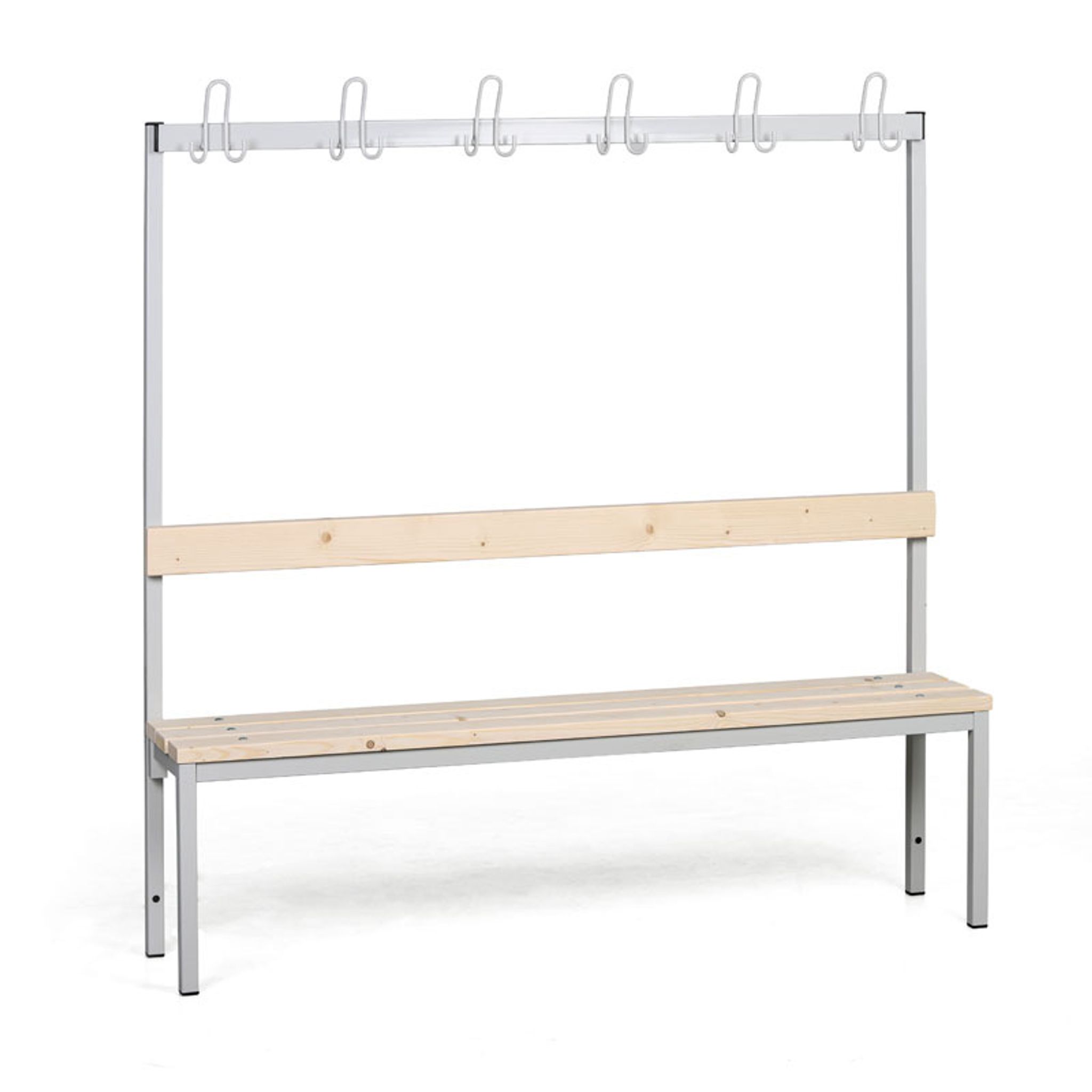 Umkleidebank mit Kleiderbügel, Latten-Sitz, Länge 1500 mm, grau