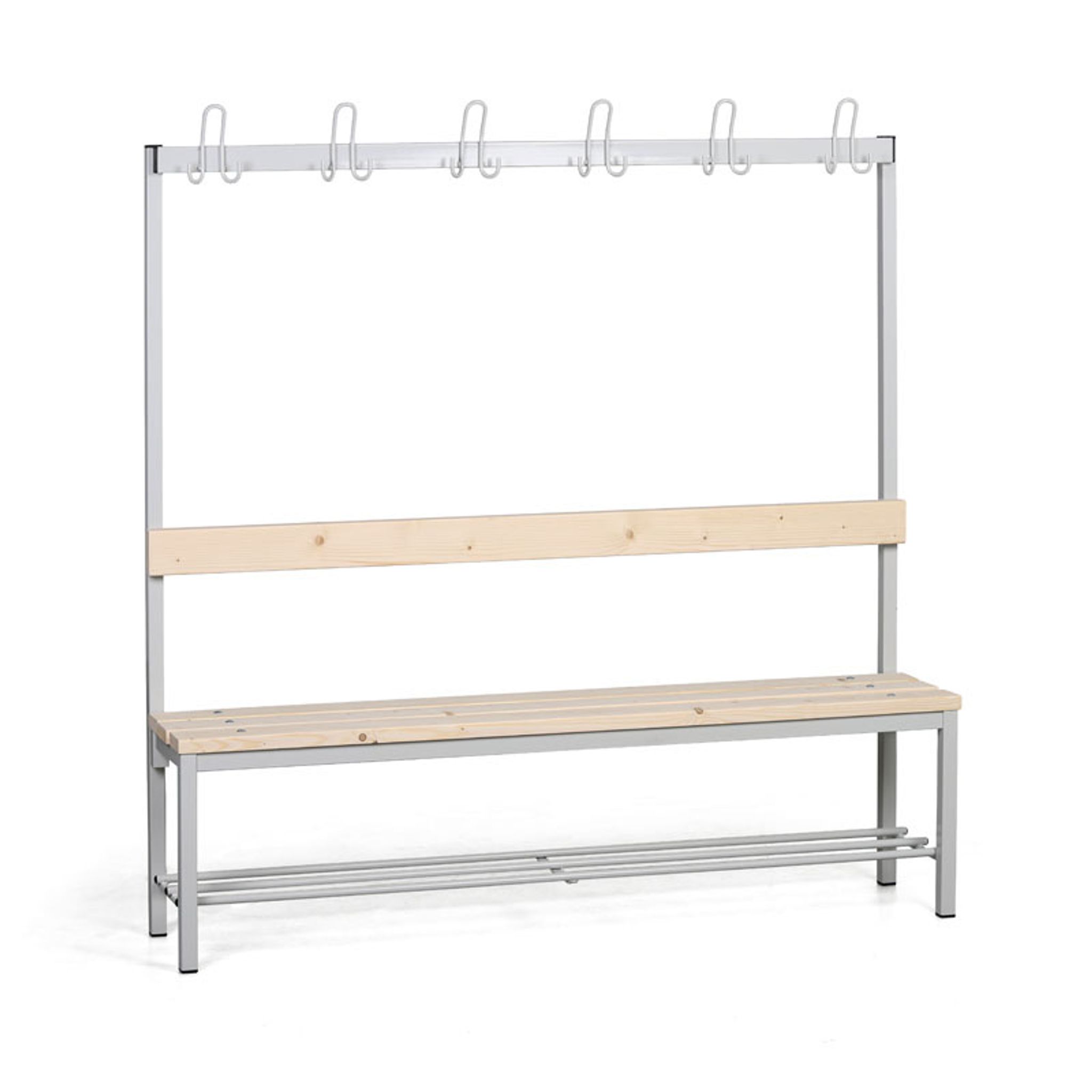 Umkleidebank mit Kleiderbügel und Schuhrost, Latten-Sitz, Länge 1500 mm, grau
