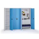 Úzká dílenská policová skříň na nářadí KOVOS, 4 police, svařovaná, perforovaná, 505 x 600 x 1950 mm, modrá