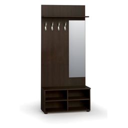 Věšáková stěna s botníkem a zrcadlem PRIMO WOOD, 4 háčky, police, léta svisle, wenge