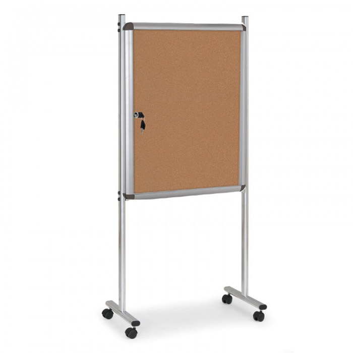 Fotografia produktu: Vnútorná vitrína na stojane, 720 x 980 mm, korková, jednostranná, s kolieskami