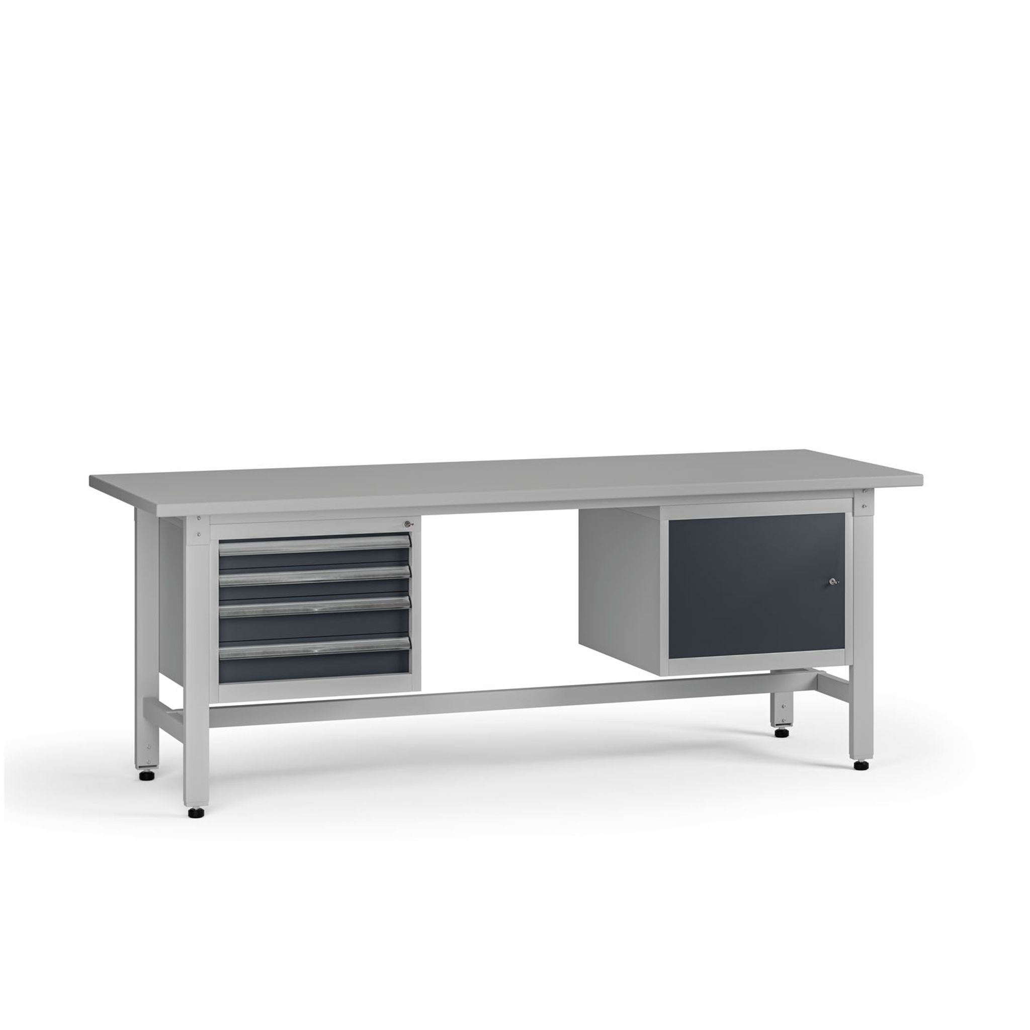 Výškově nastavitelný dílenský stůl G5, 2100 x 750 x 800-1000 mm, 1x skříňka, 4 zásuvky, grafit