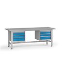 Výškově nastavitelný dílenský stůl G5, 2100 x 750 x 800-1000 mm, 2x kontejner, 6 zásuvek, modrá