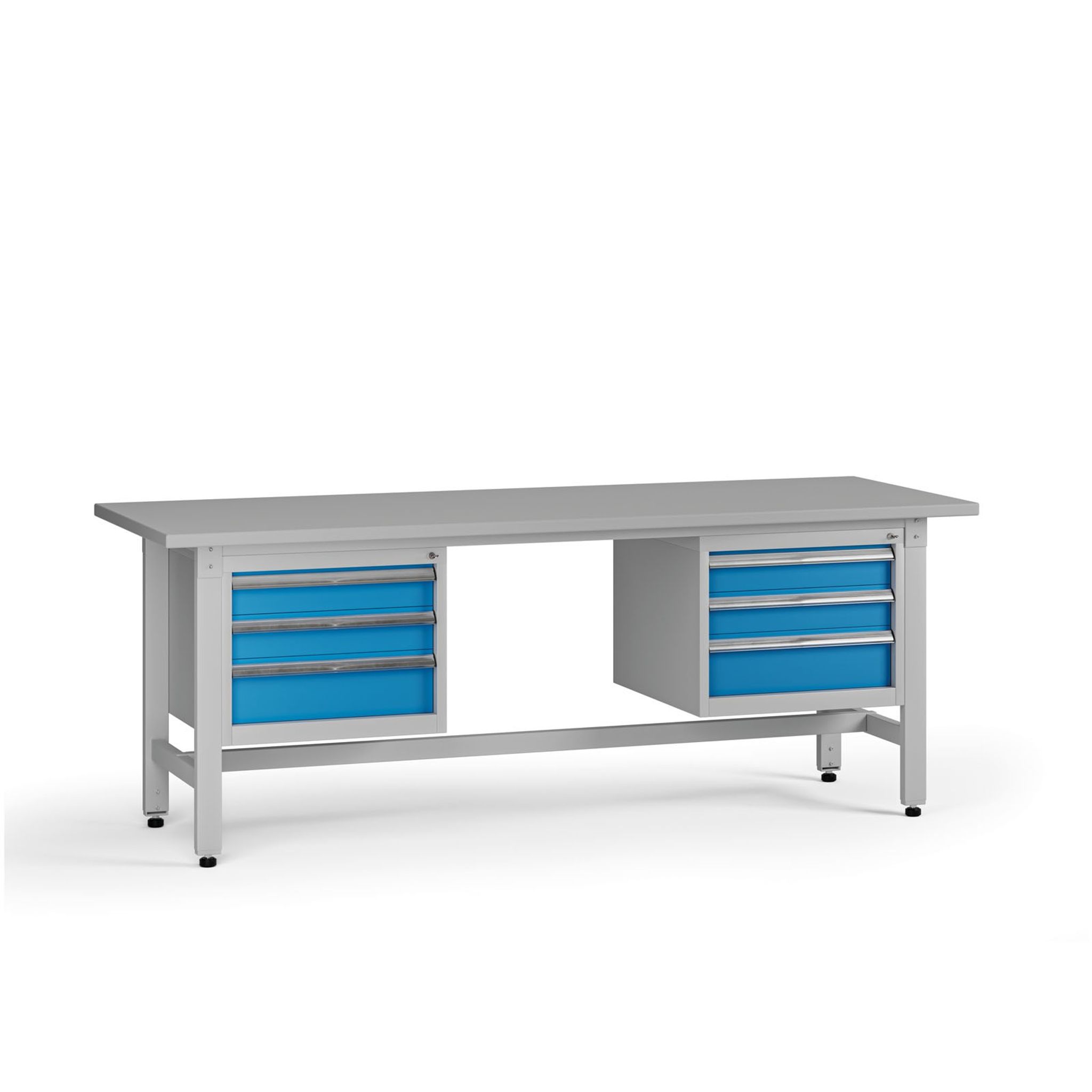 Výškově nastavitelný dílenský stůl G5, 2100 x 750 x 800-1000 mm, 2x kontejner, 6 zásuvek
