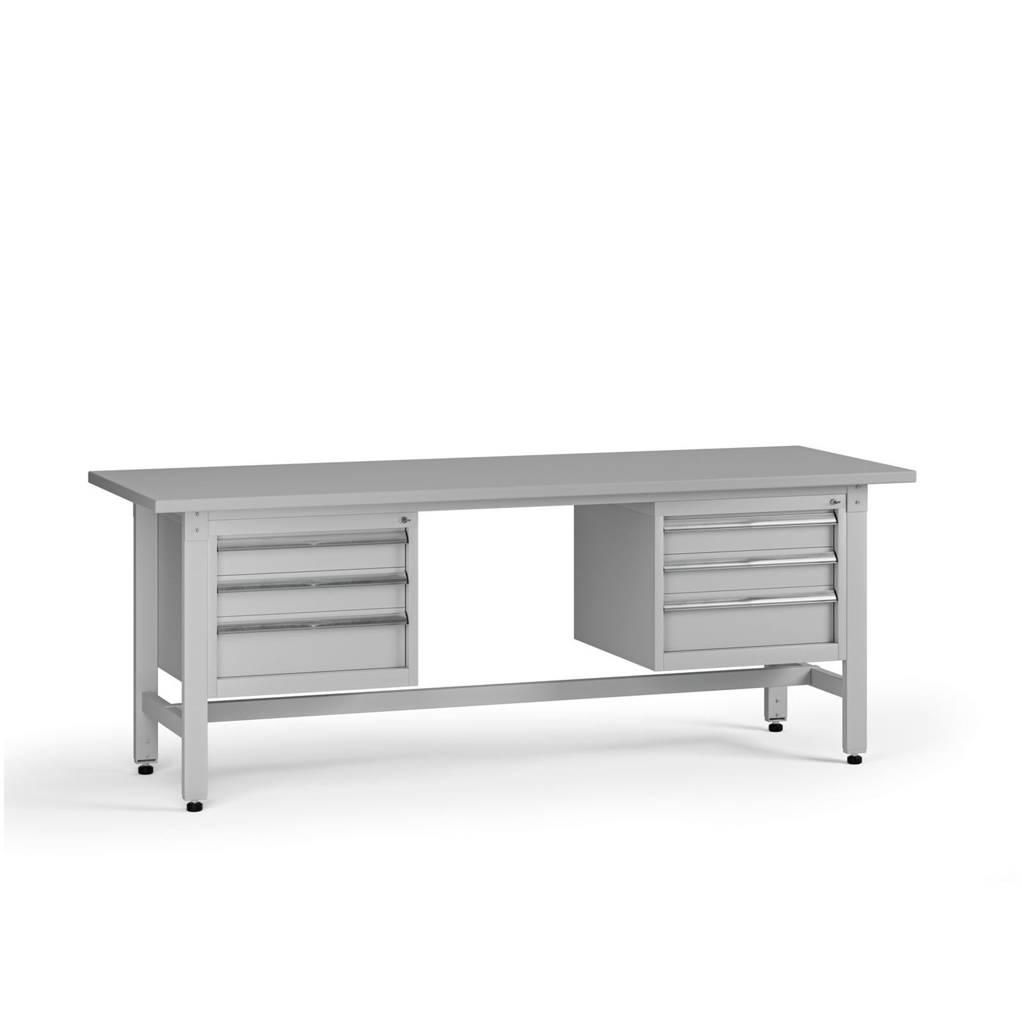 Výškově nastavitelný dílenský stůl G5, 2100 x 750 x 800-1000 mm, 2x kontejner, 6 zásuvek, šedá