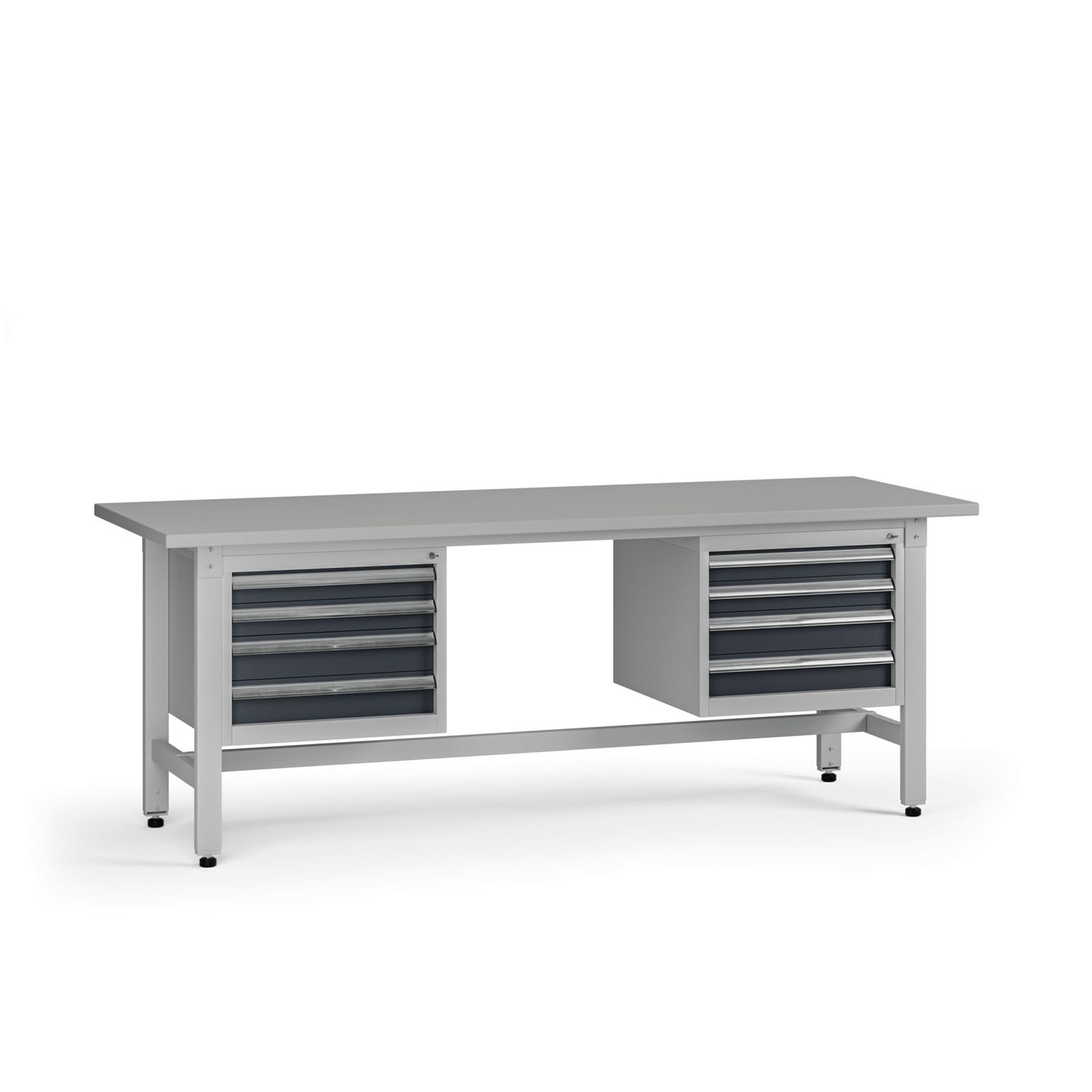 Výškově nastavitelný dílenský stůl G5, 2100 x 750 x 800-1000 mm, 2x kontejner, 8 zásuvek, grafit