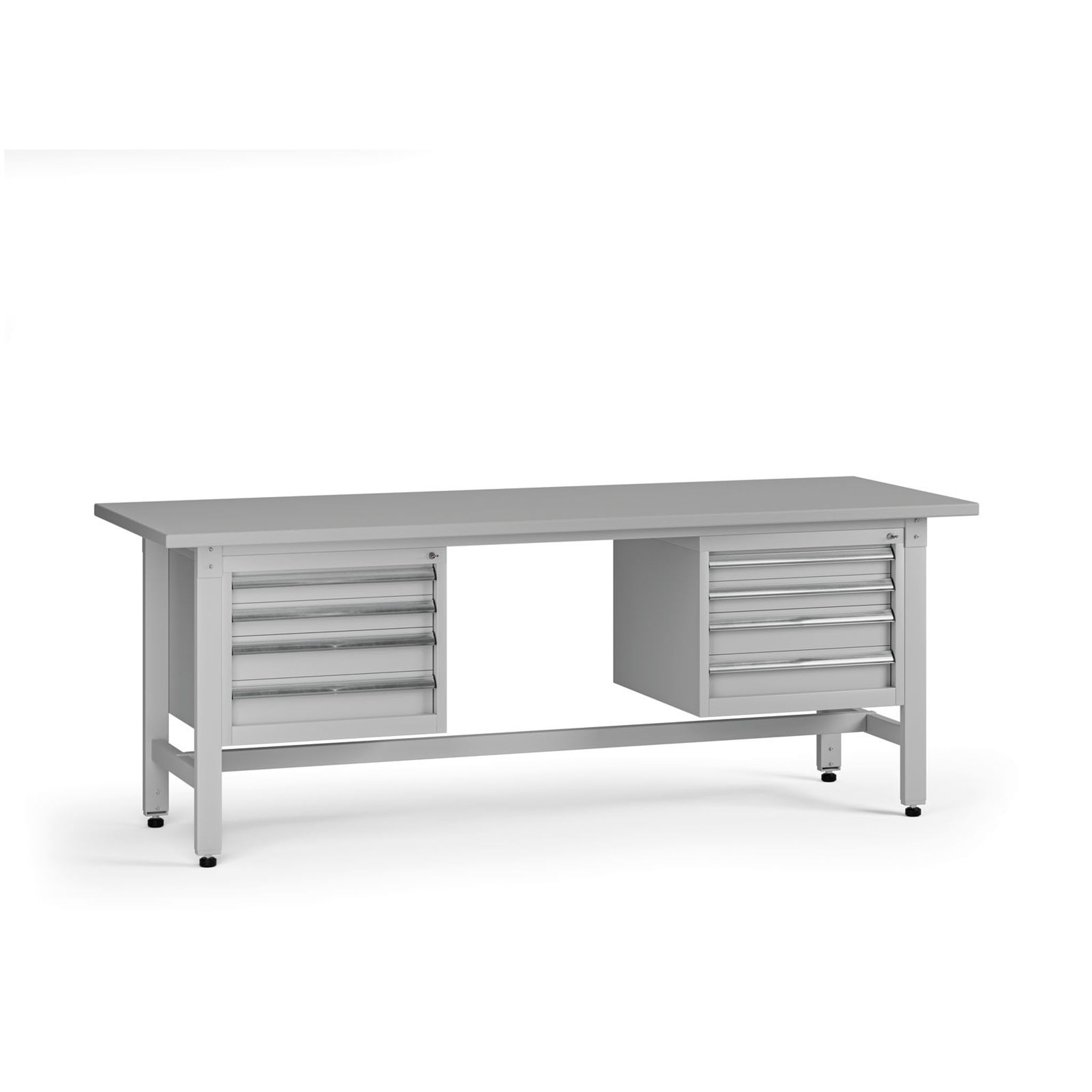 Výškově nastavitelný dílenský stůl G5, 2100 x 750 x 800-1000 mm, 2x kontejner, 8 zásuvek, šedá