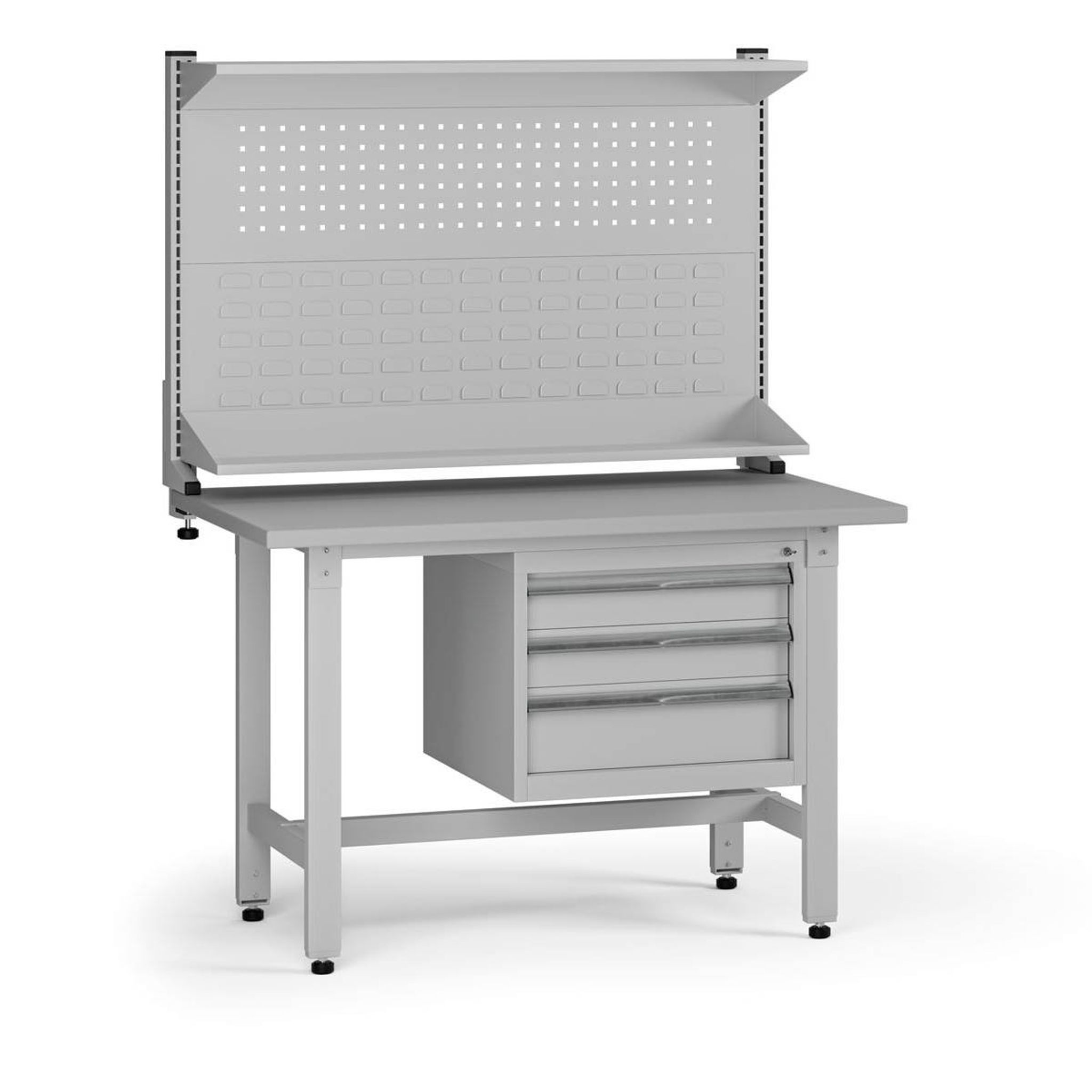 Výškově nastavitelný dílenský stůl G5 s nástavbou, 1200 x 750 x 800-1000 mm, 1x kontejner, 3 zásuvky, šedá