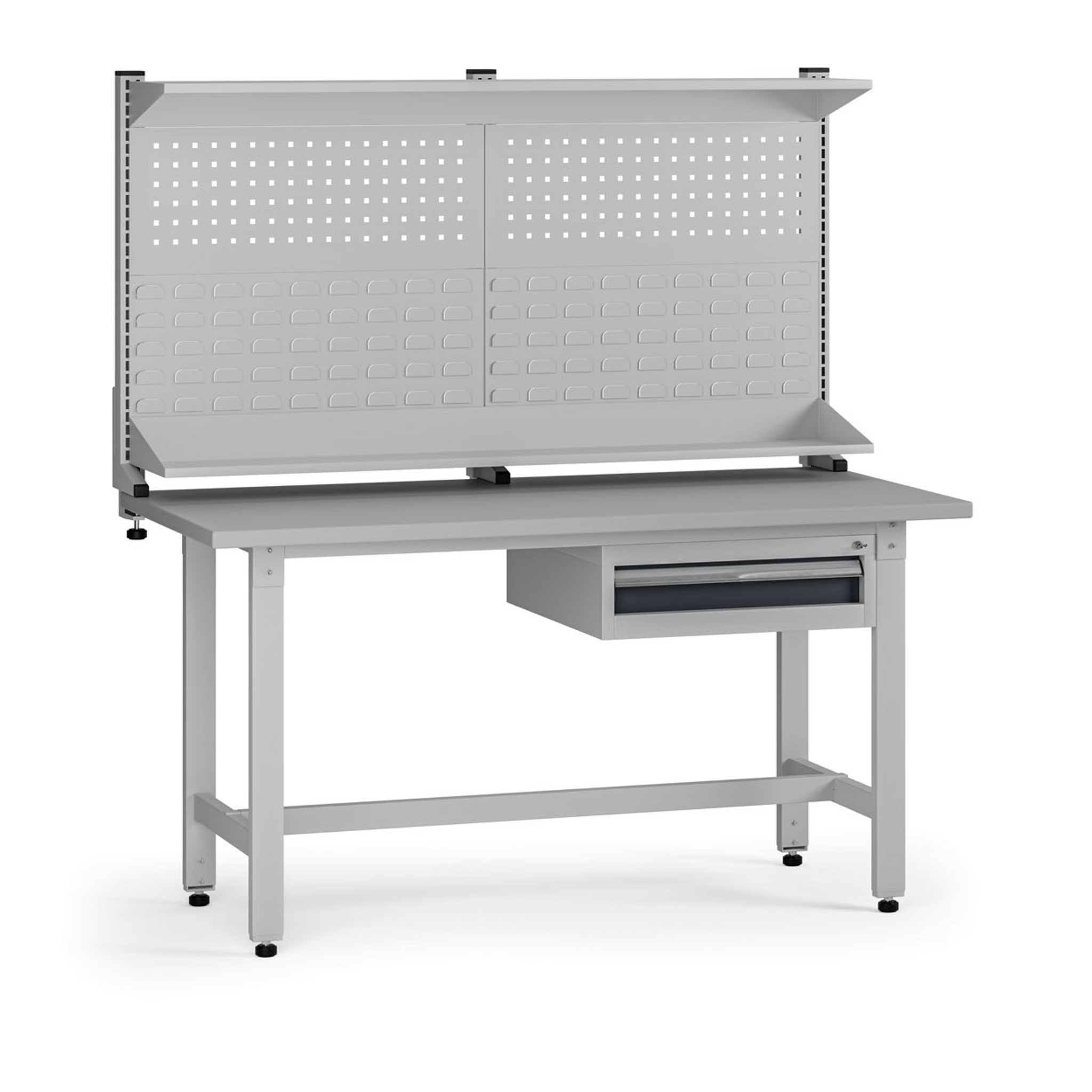 Výškově nastavitelný dílenský stůl G5 s nástavbou, 1500 x 750 x 800-1000 mm, 1x kontejner, 1 zásuvka, grafit