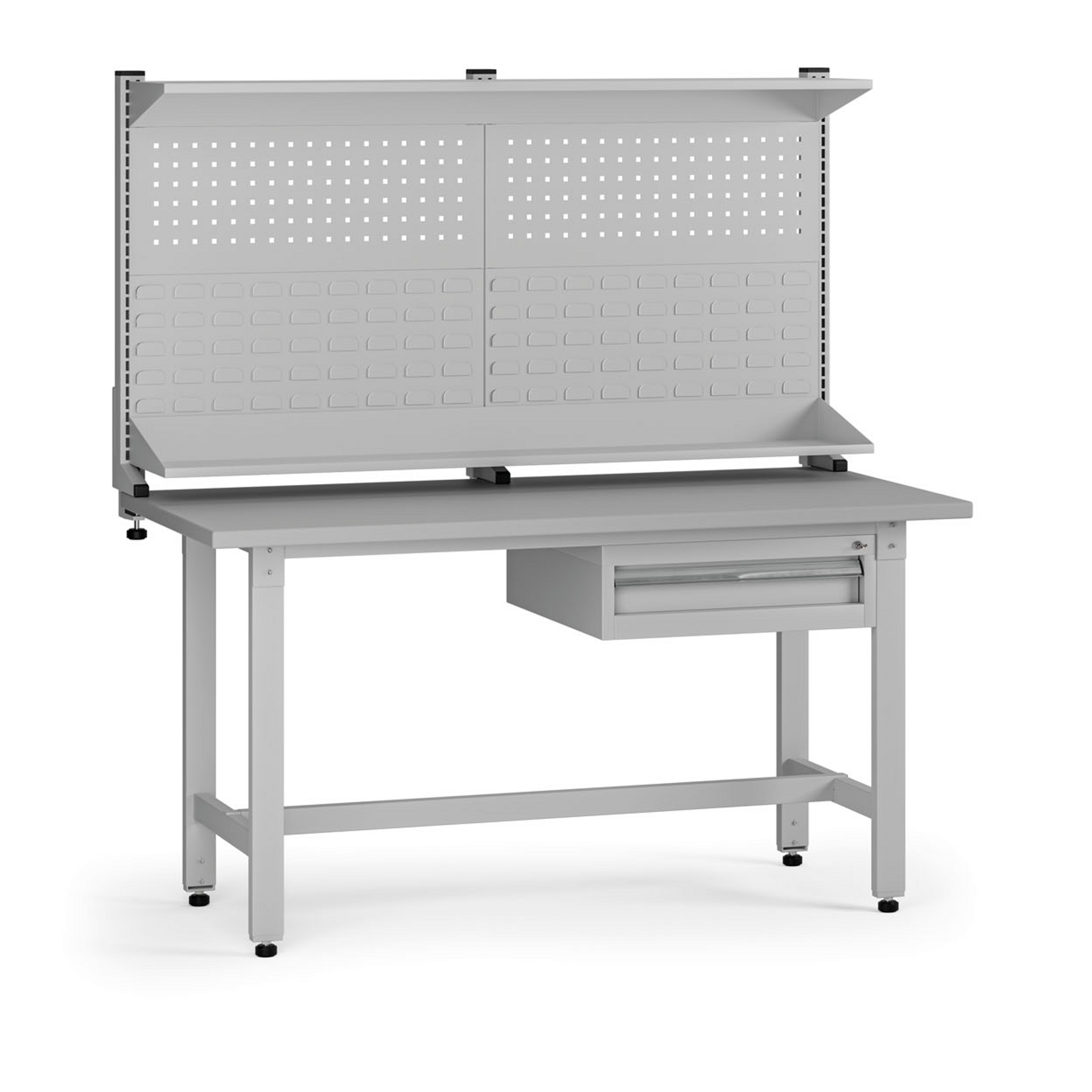 Výškově nastavitelný dílenský stůl G5 s nástavbou, 1500 x 750 x 800-1000 mm, 1x kontejner, 1 zásuvka