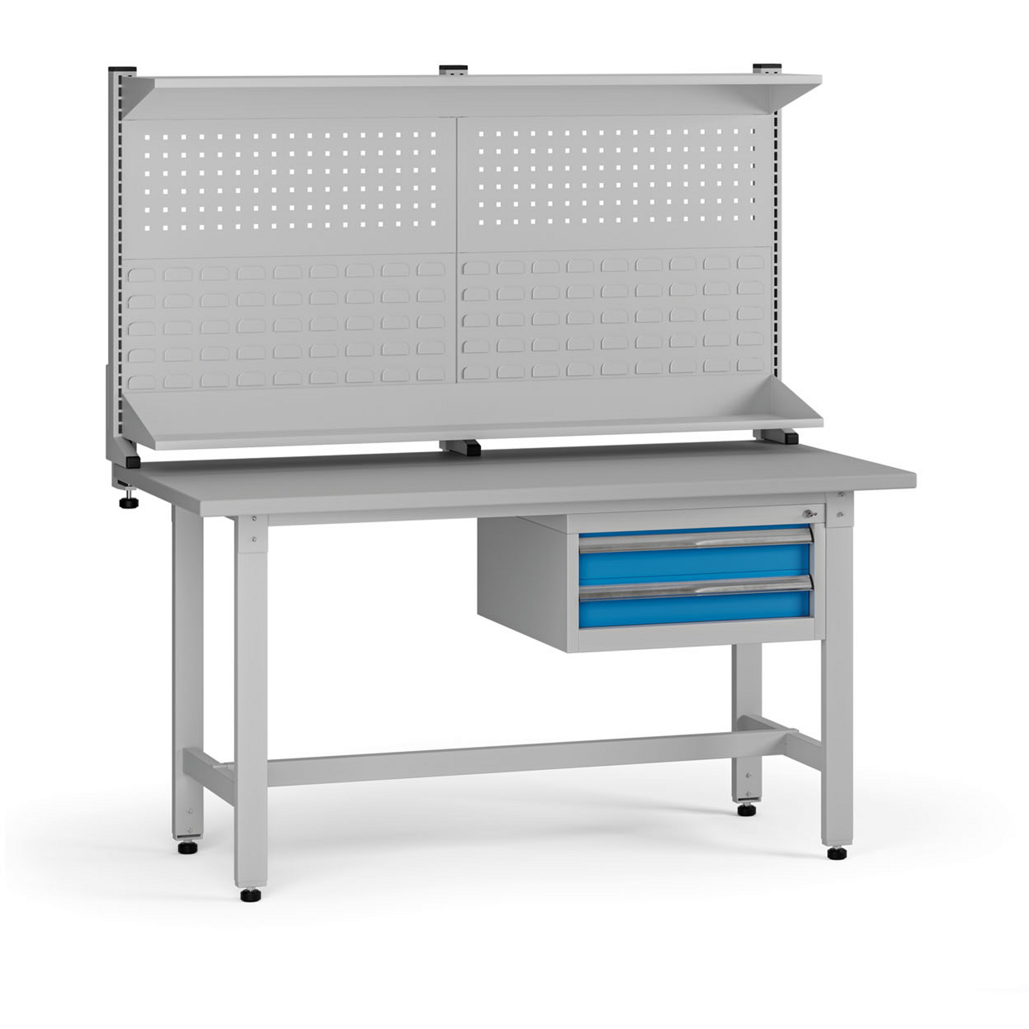 Výškově nastavitelný dílenský stůl G5 s nástavbou, 1500 x 750 x 800-1000 mm, 1x kontejner, 2 zásuvky