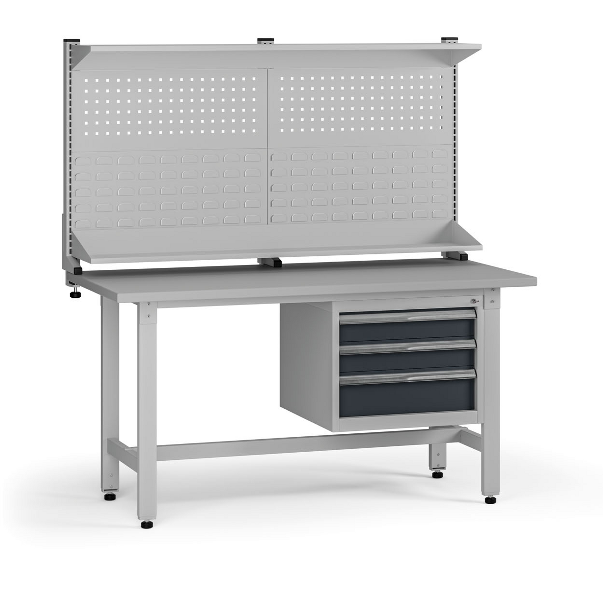 Výškově nastavitelný dílenský stůl G5 s nástavbou, 1500 x 750 x 800-1000 mm, 1x kontejner, 3 zásuvky, grafit
