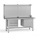 Výškově nastavitelný dílenský stůl G5 s nástavbou, 1800 x 750 x 800-1000 mm, 1x skříňka, 4 zásuvky, šedá