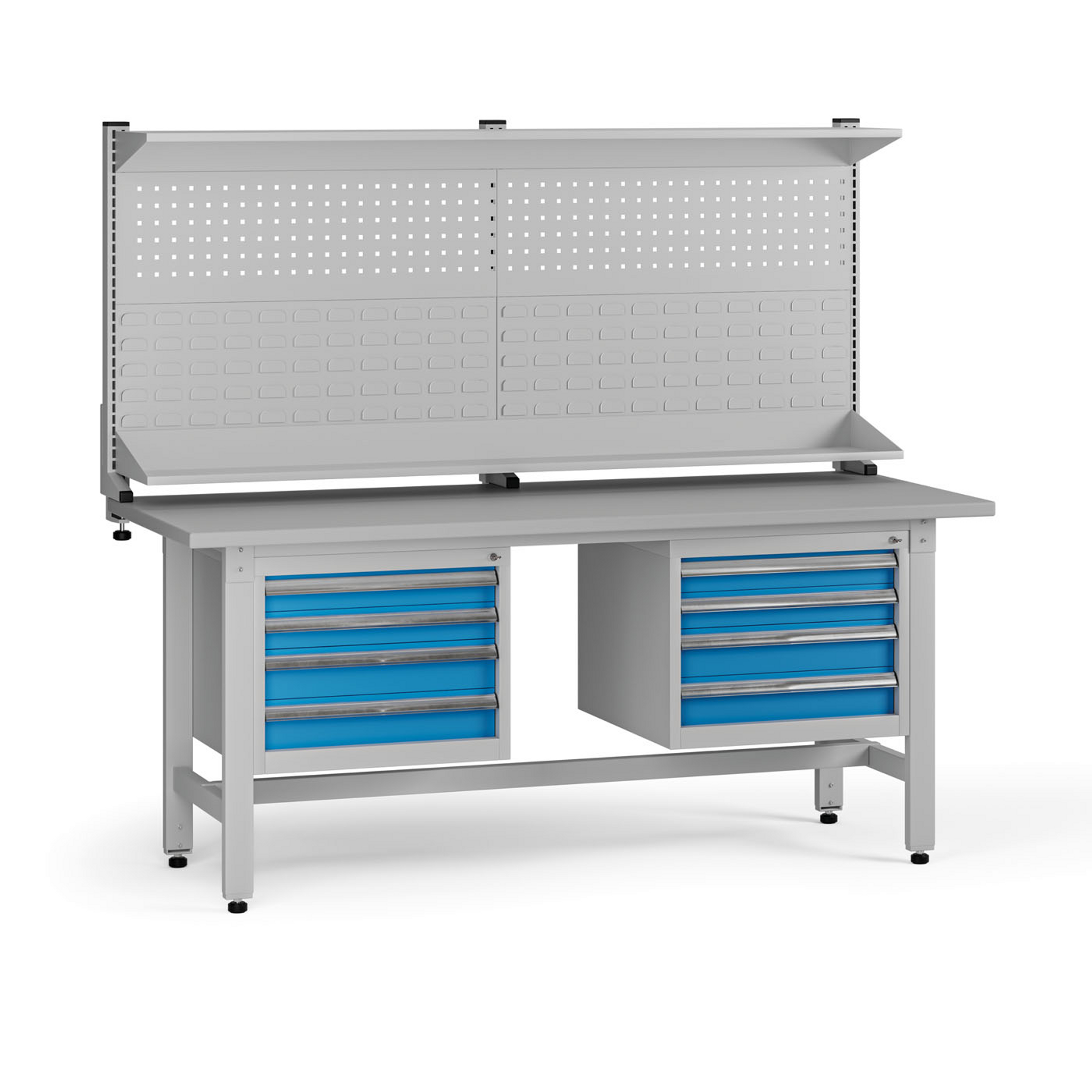 Výškově nastavitelný dílenský stůl G5 s nástavbou, 1800 x 750 x 800-1000 mm, 2x kontejner, 8 zásuvek