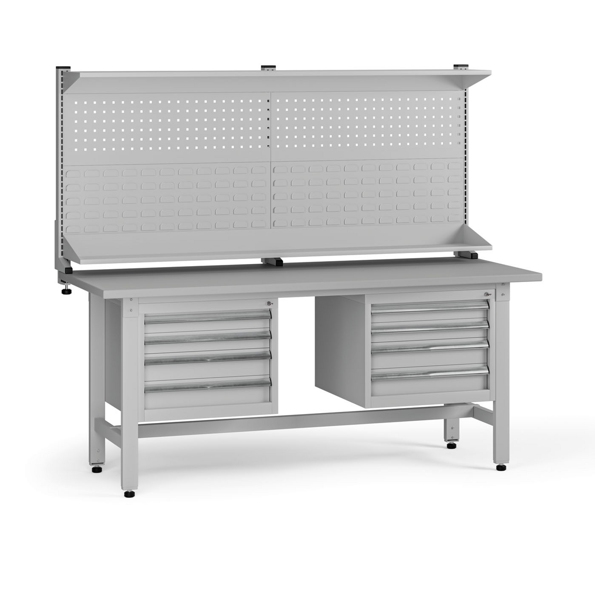 Výškově nastavitelný dílenský stůl G5 s nástavbou, 1800 x 750 x 800-1000 mm, 2x kontejner, 8 zásuvek, šedá