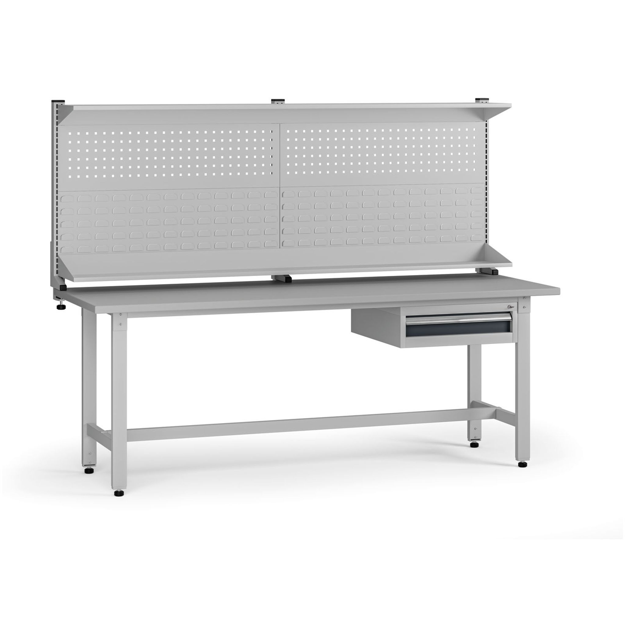 Výškově nastavitelný dílenský stůl G5 s nástavbou, 2100 x 750 x 800-1000 mm, 1x kontejner, 1 zásuvka, grafit