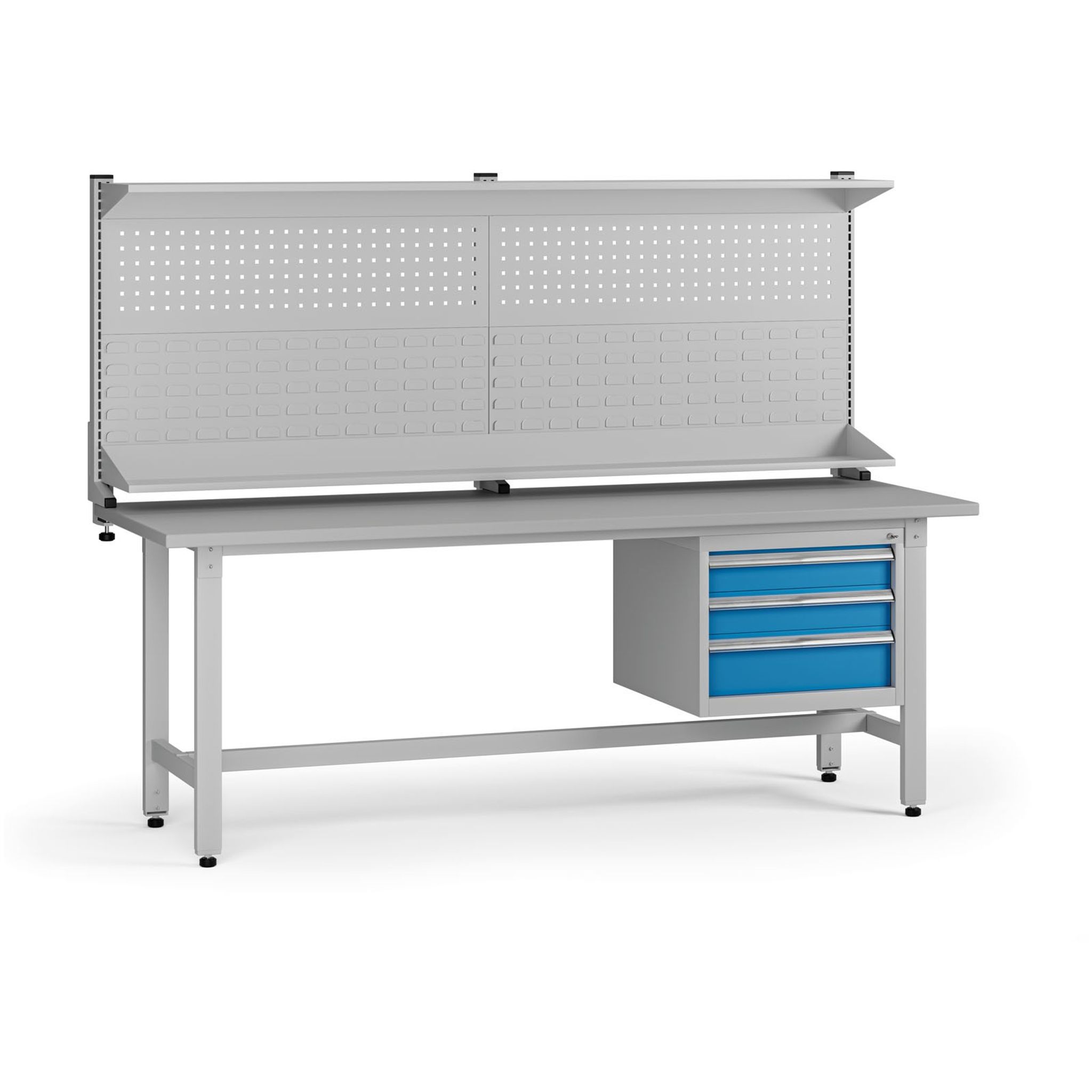 Výškově nastavitelný dílenský stůl G5 s nástavbou, 2100 x 750 x 800-1000 mm, 1x kontejner, 3 zásuvky